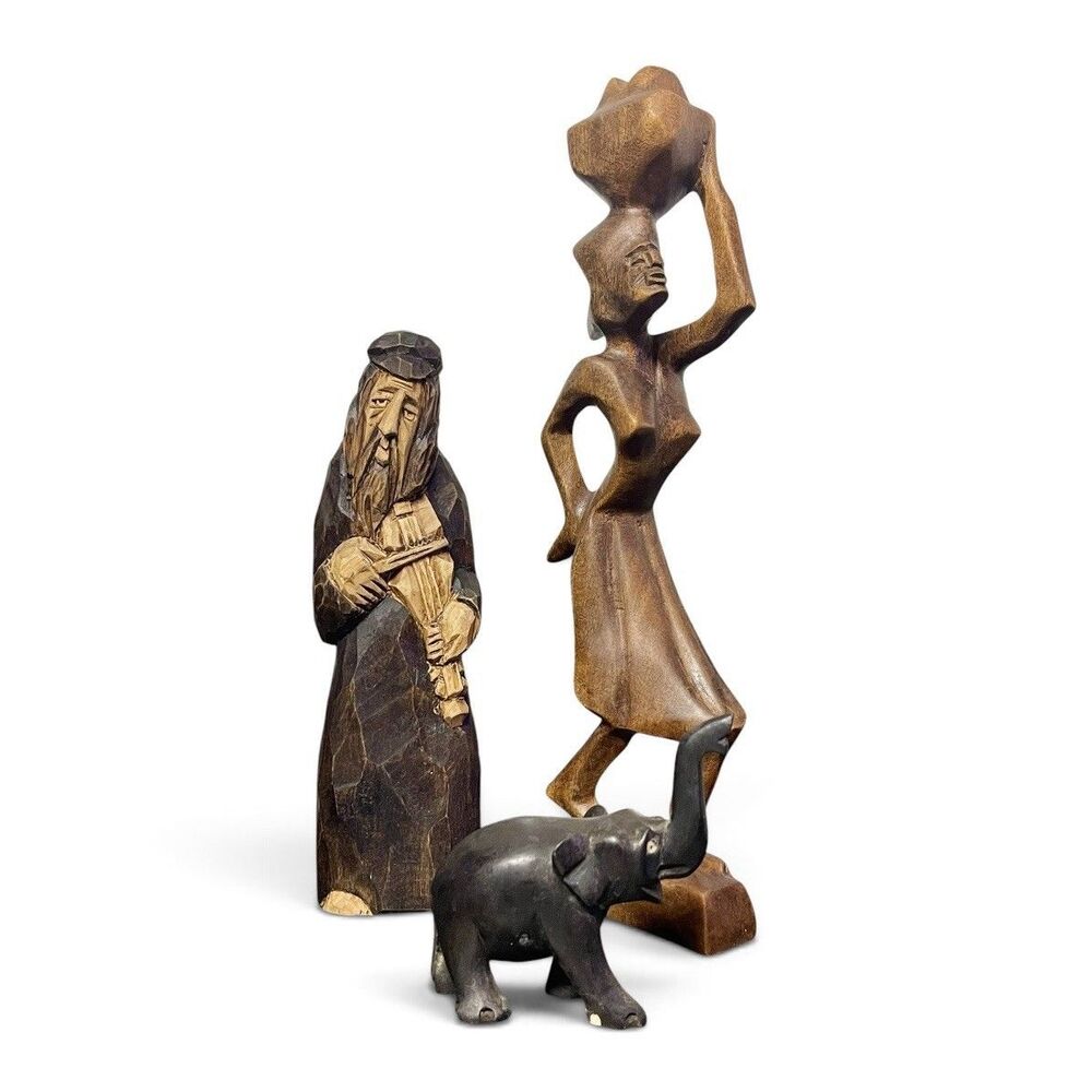 Vintage Carved Wood Folk Art Figurines Lot Krakow Poland Woman Elephant Man